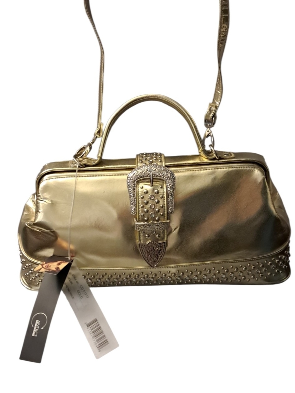 NWT. Metallic Gold Stud-Accent Women's Satchel